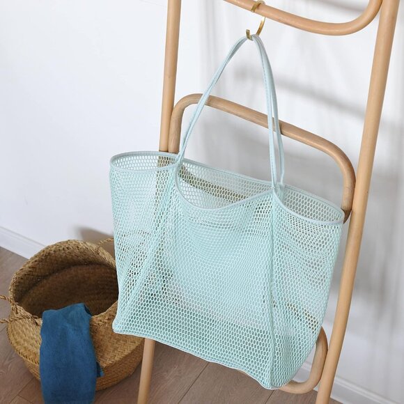 Women's Ice Blue Mesh Beach Nylon & Polyester No-closure Tote Shoulder Handbag - Picture 4 of 7
